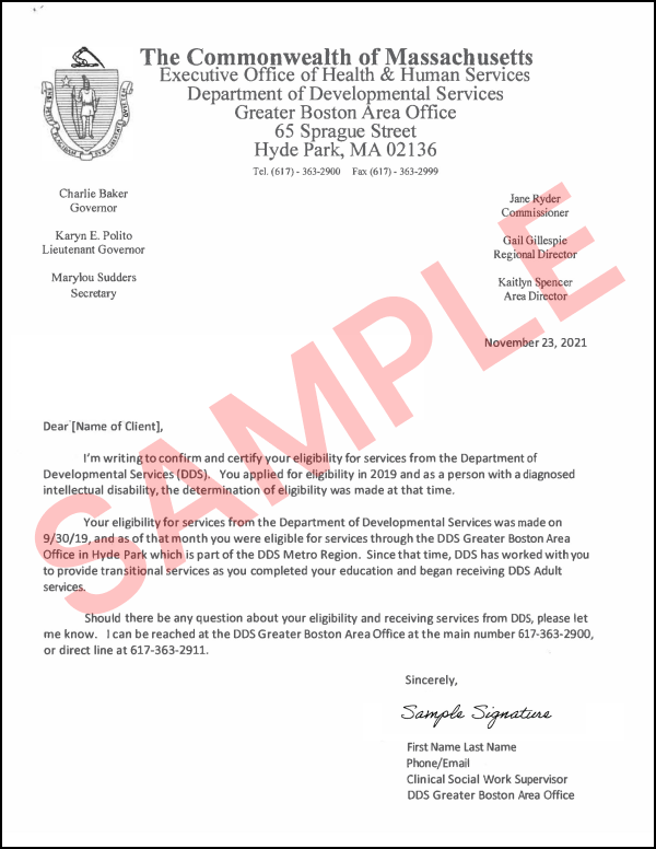 Sample verification letter signed by case manager or coordinator from the Department of Developmental Services (DDS)