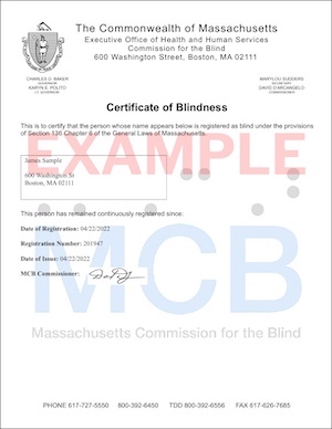 Sample Massachusetts Commission for the Blind Certificate of Blindness.