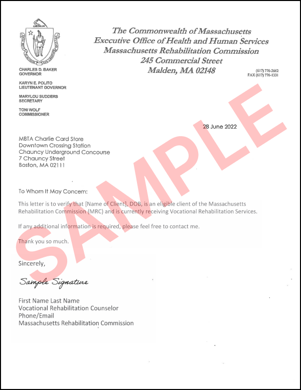 Sample verification letter signed by case manager or coordinator from the Massachusetts Rehabilitation Commission (MRC)